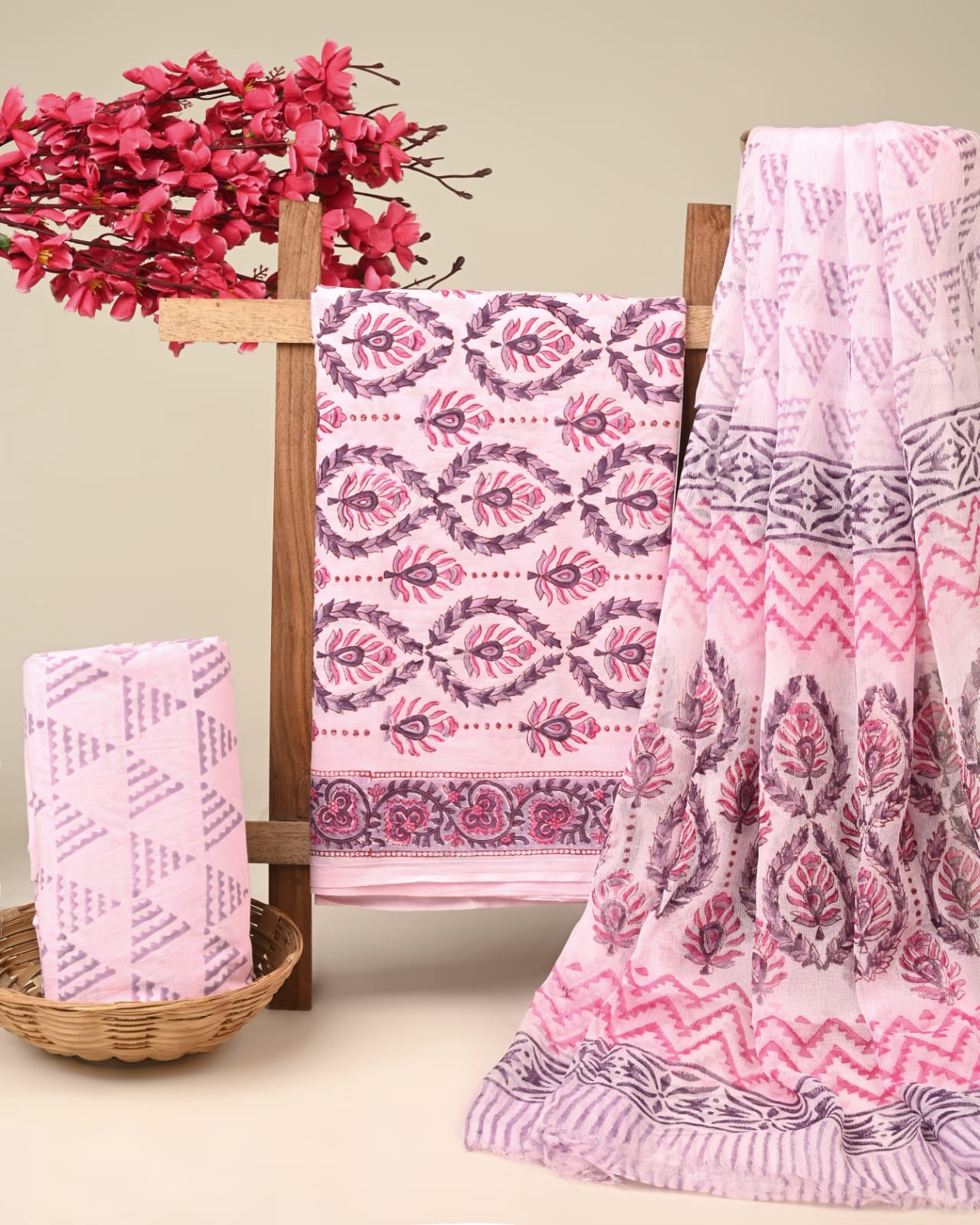 pink maroon butta handblock printed cotton dress material with chiffon dupatta wholesale India fabric for boutique brands Fabtexs